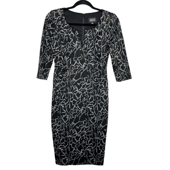 ADRIANNA PAPELL / black gray geometric printed 3/4 sleeve midi dress / 4 - Picture 1 of 9
